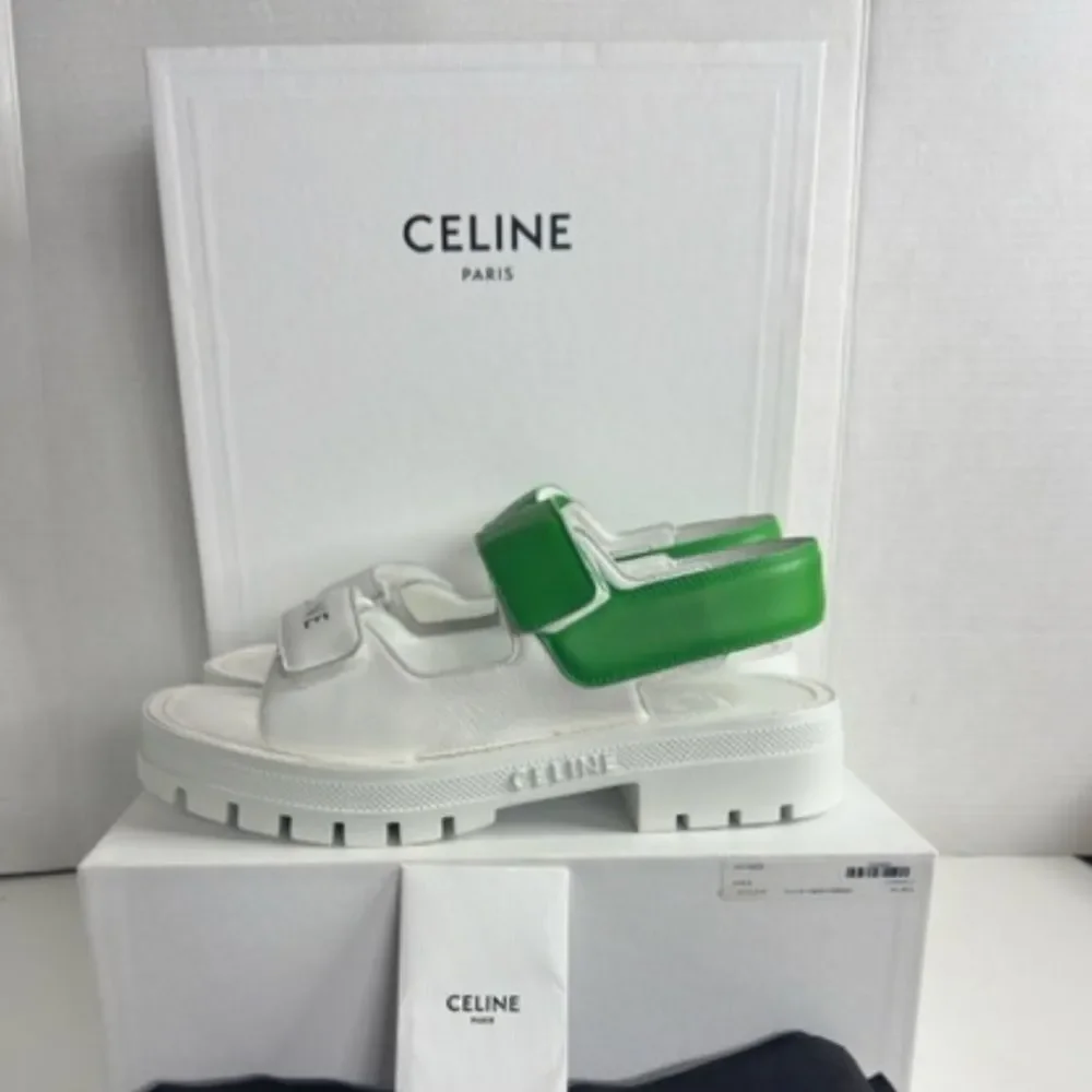 NEW Celine Leo Scratch Calfskin Double Strap Sandals in white and green $850 - Picture 4 of 4